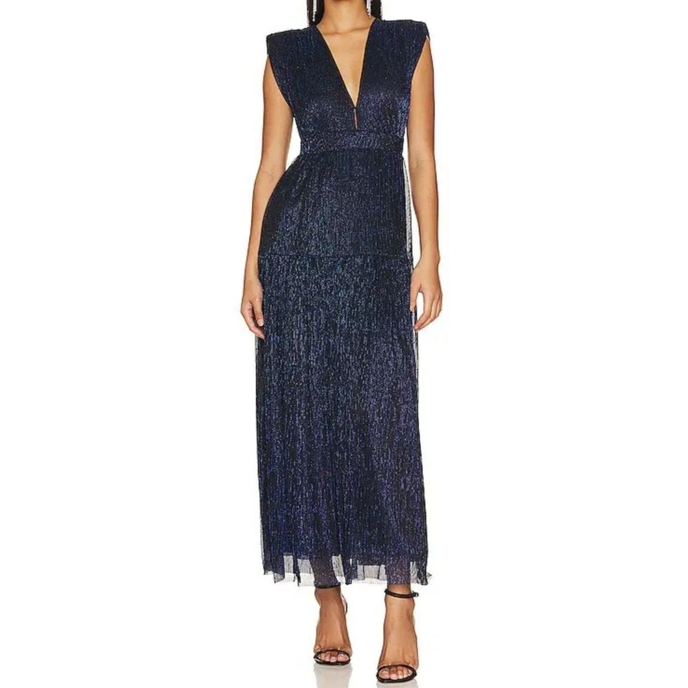 Karina Grimaldi Merment Metallic Pleated Maxi Dress Navy Deep V Back Tie NWT XS
